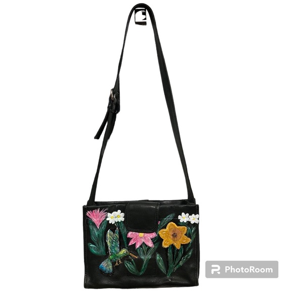 VINTAGE FOSSIL BLACK LEATHER UPCYCLED PAINTED BAG - Picture 2 of 14